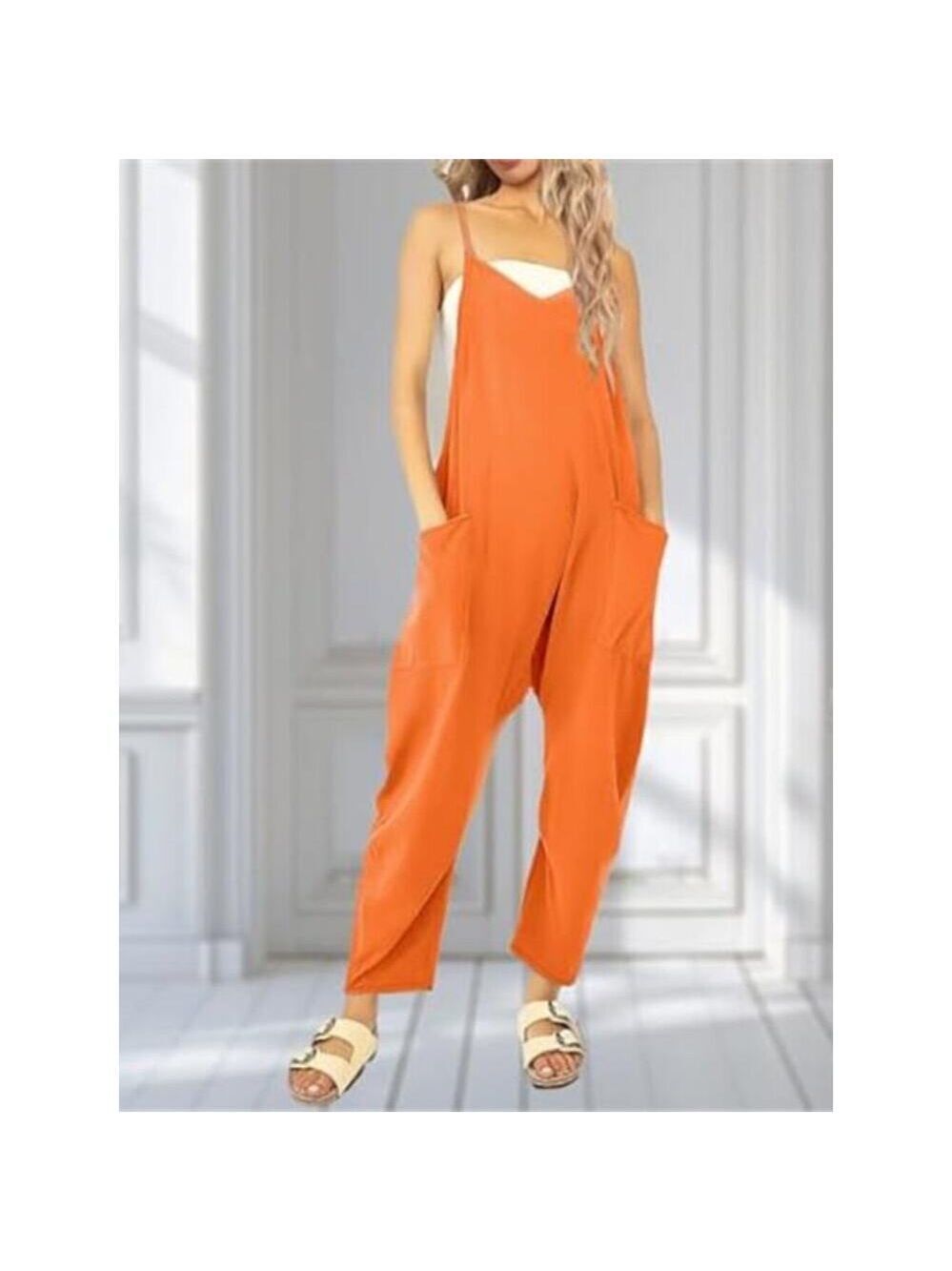 Casual Wide Leg Jumpsuit Baggy Sleeveless Romper Light Orange Women With Pockets